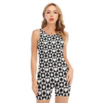 Black And White Playing Card Suits Print Sleeveless One Piece Swimsuit