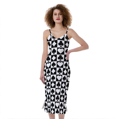 Black And White Playing Card Suits Print Slim Fit Midi Cami Dress