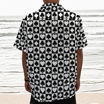 Black And White Playing Card Suits Print Textured Short Sleeve Shirt