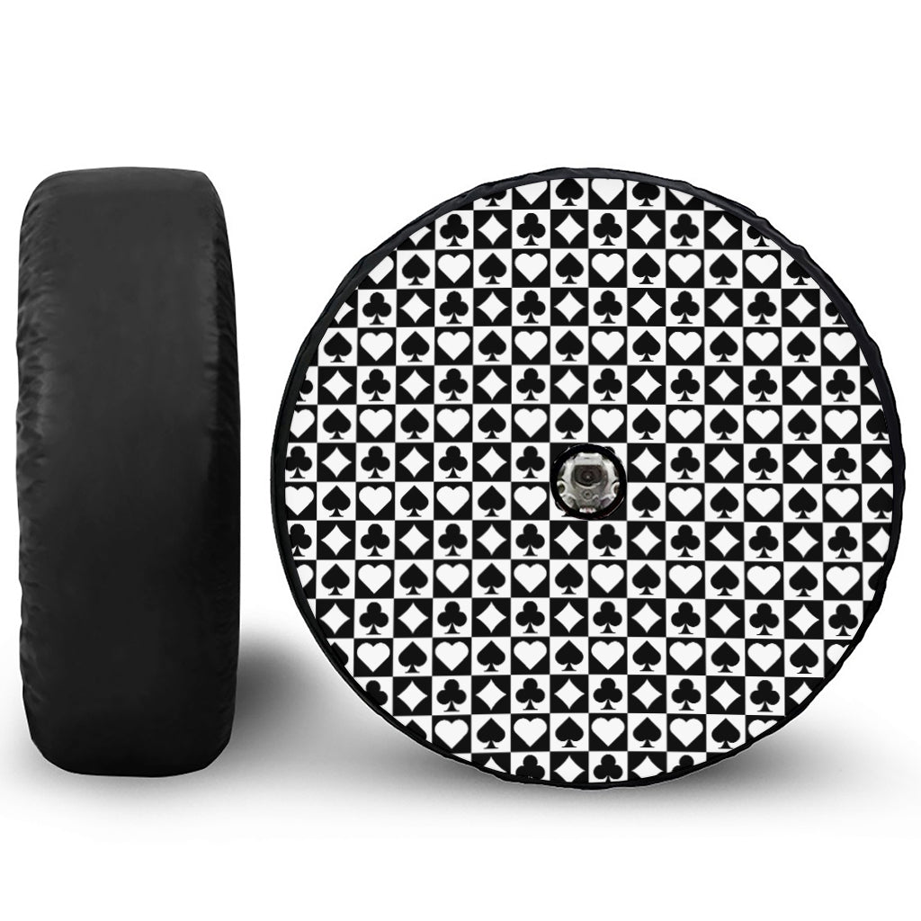 Black And White Playing Card Suits Print Tire Cover With Camera Hole