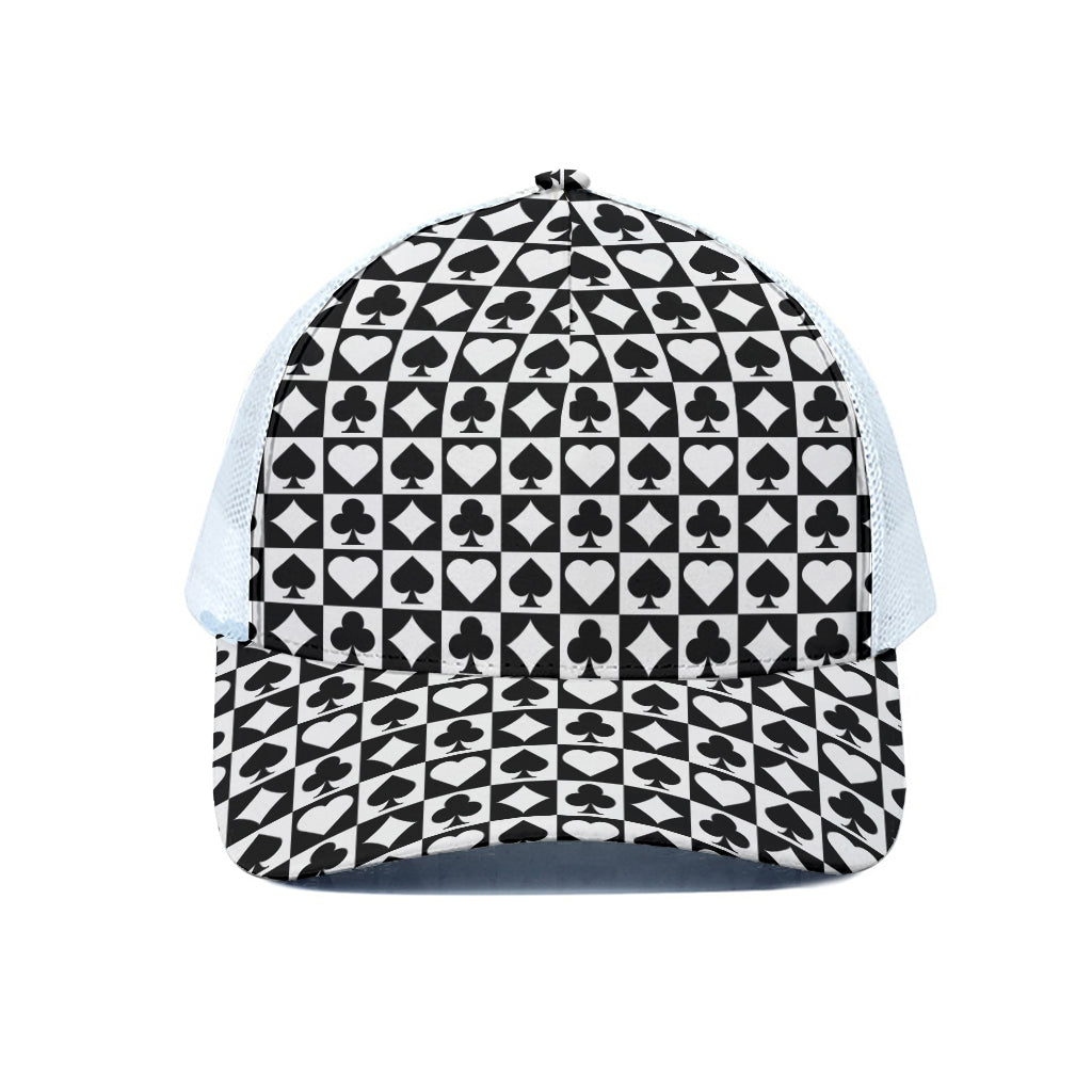 Black And White Playing Card Suits Print White Mesh Trucker Cap