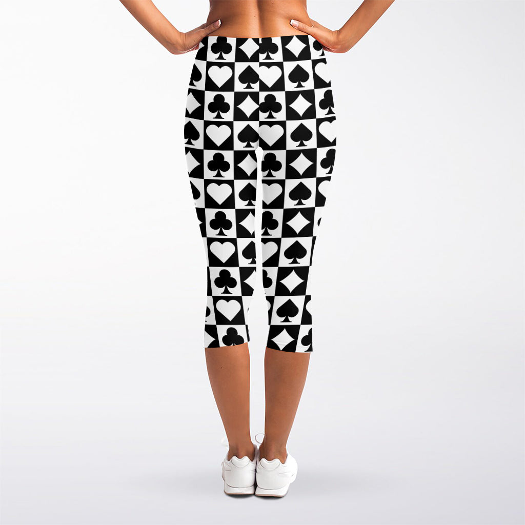 Black And White Playing Card Suits Print Women's Capri Leggings