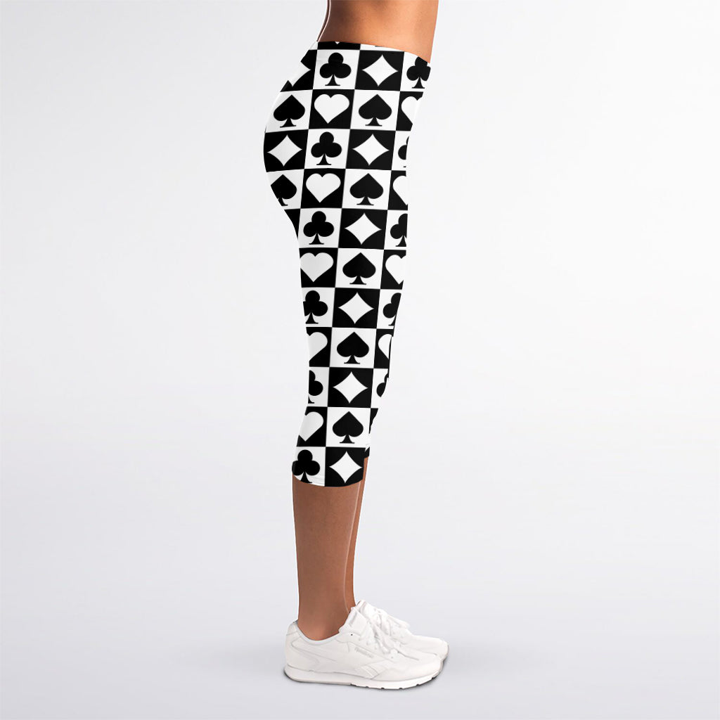 Black And White Playing Card Suits Print Women's Capri Leggings