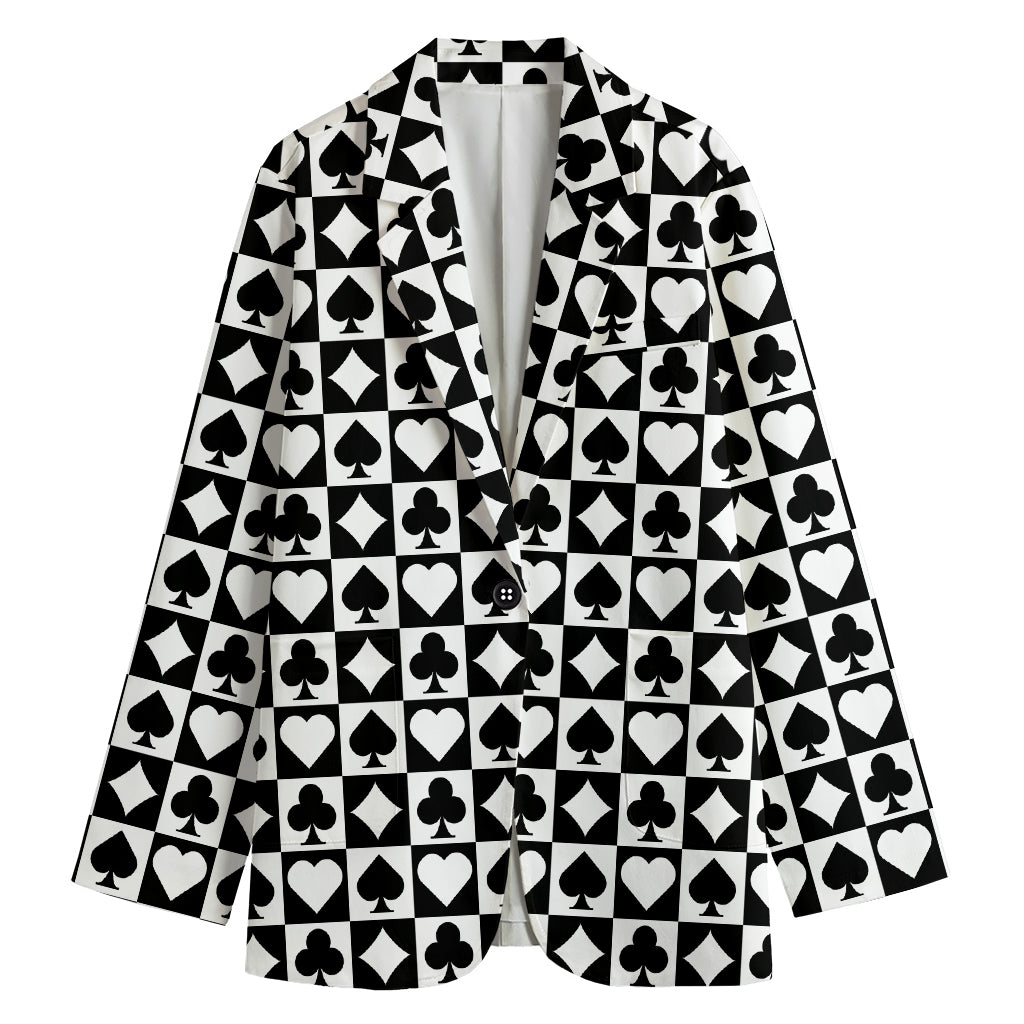 Black And White Playing Card Suits Print Women's Cotton Blazer