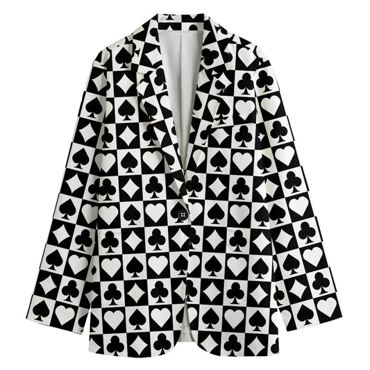 Black And White Playing Card Suits Print Women's Cotton Blazer