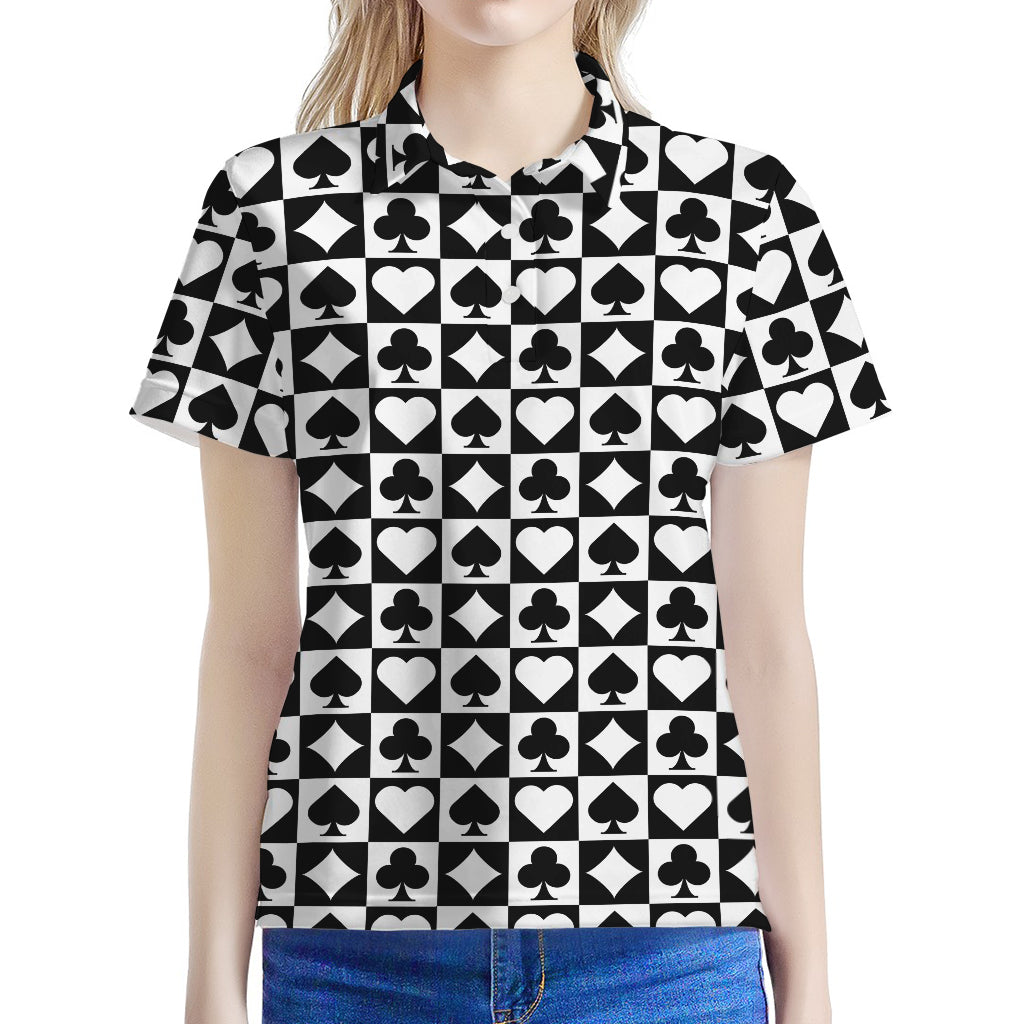 Black And White Playing Card Suits Print Women's Polo Shirt