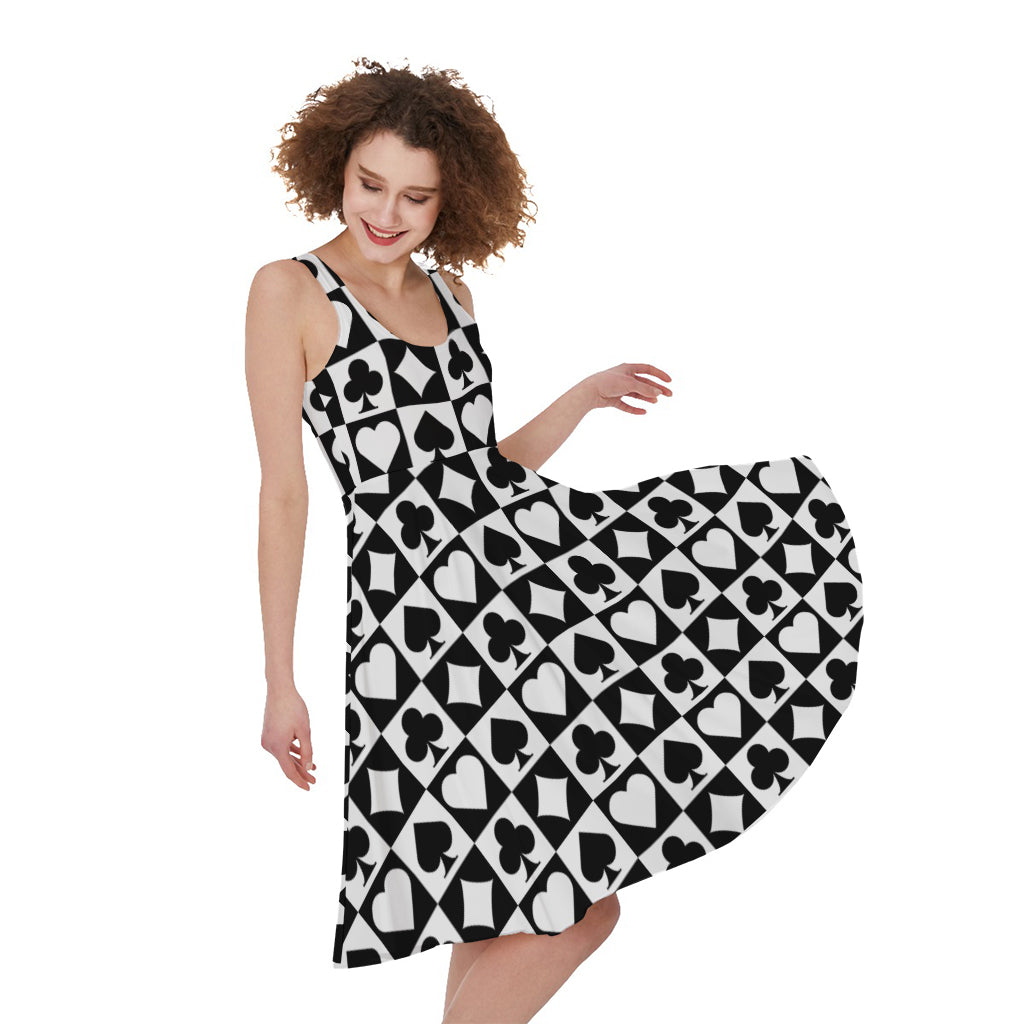 Black And White Playing Card Suits Print Women's Sleeveless Dress