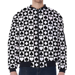 Black And White Playing Card Suits Print Zip Sleeve Bomber Jacket