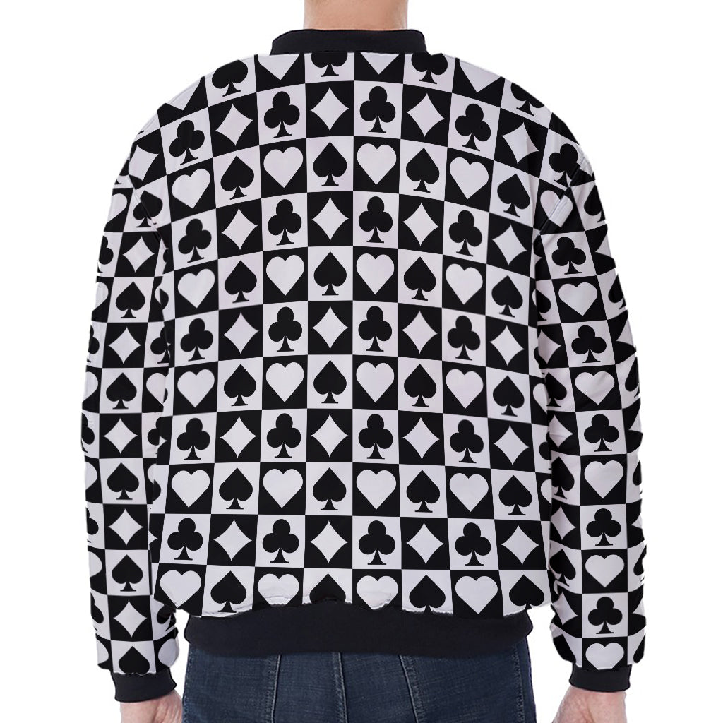 Black And White Playing Card Suits Print Zip Sleeve Bomber Jacket