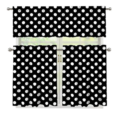 Black And White Polka Dot Pattern Print 3 Piece Kitchen Curtains