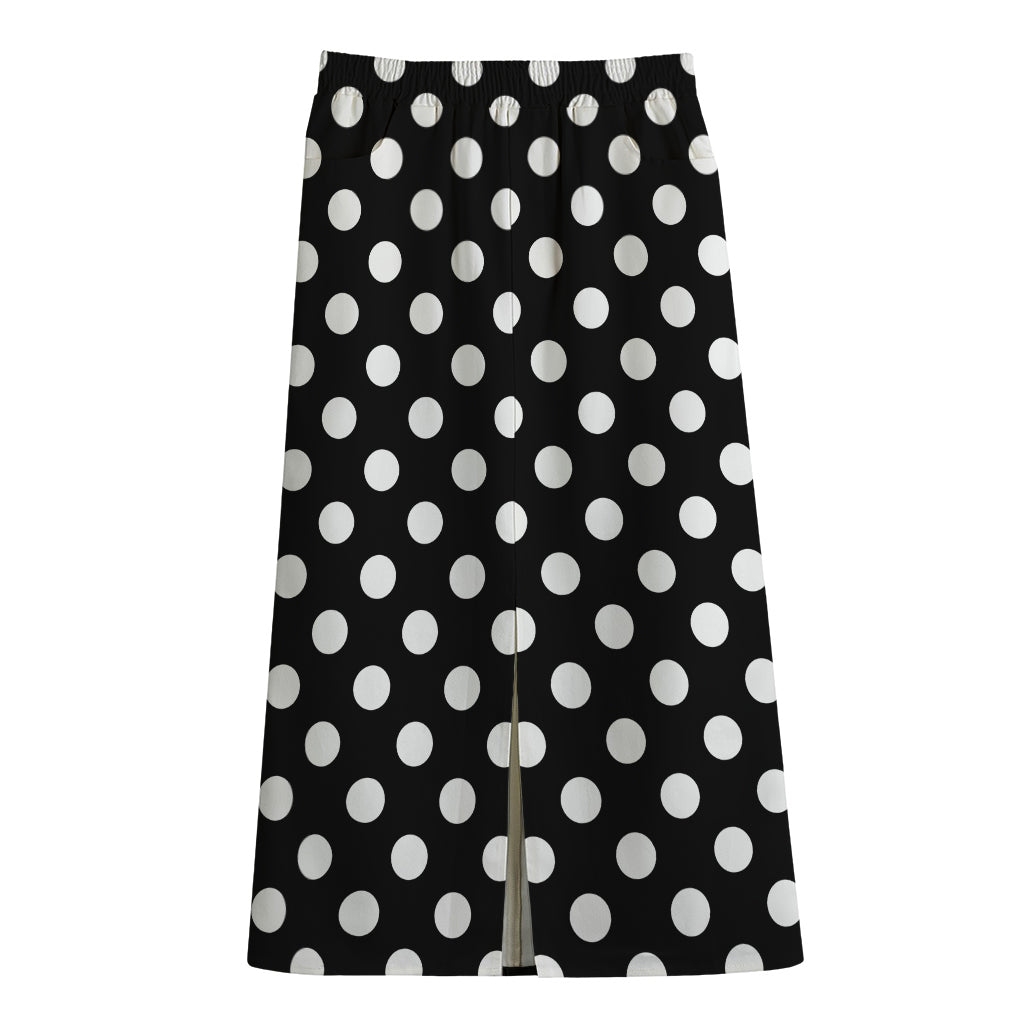 Black And White Polka Dot Pattern Print Cotton Front Slit Maxi Skirt