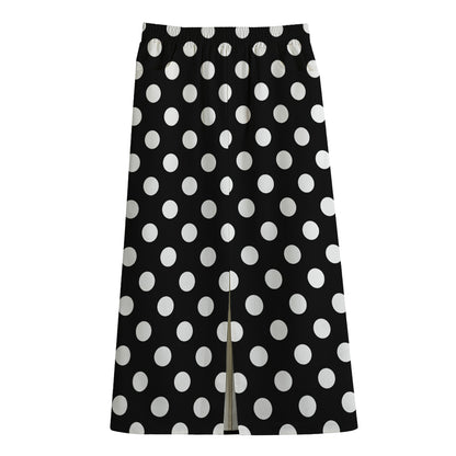 Black And White Polka Dot Pattern Print Cotton Front Slit Maxi Skirt