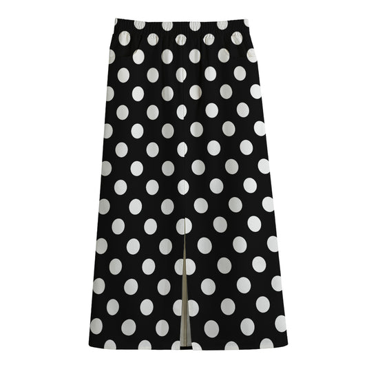 Black And White Polka Dot Pattern Print Cotton Front Slit Maxi Skirt