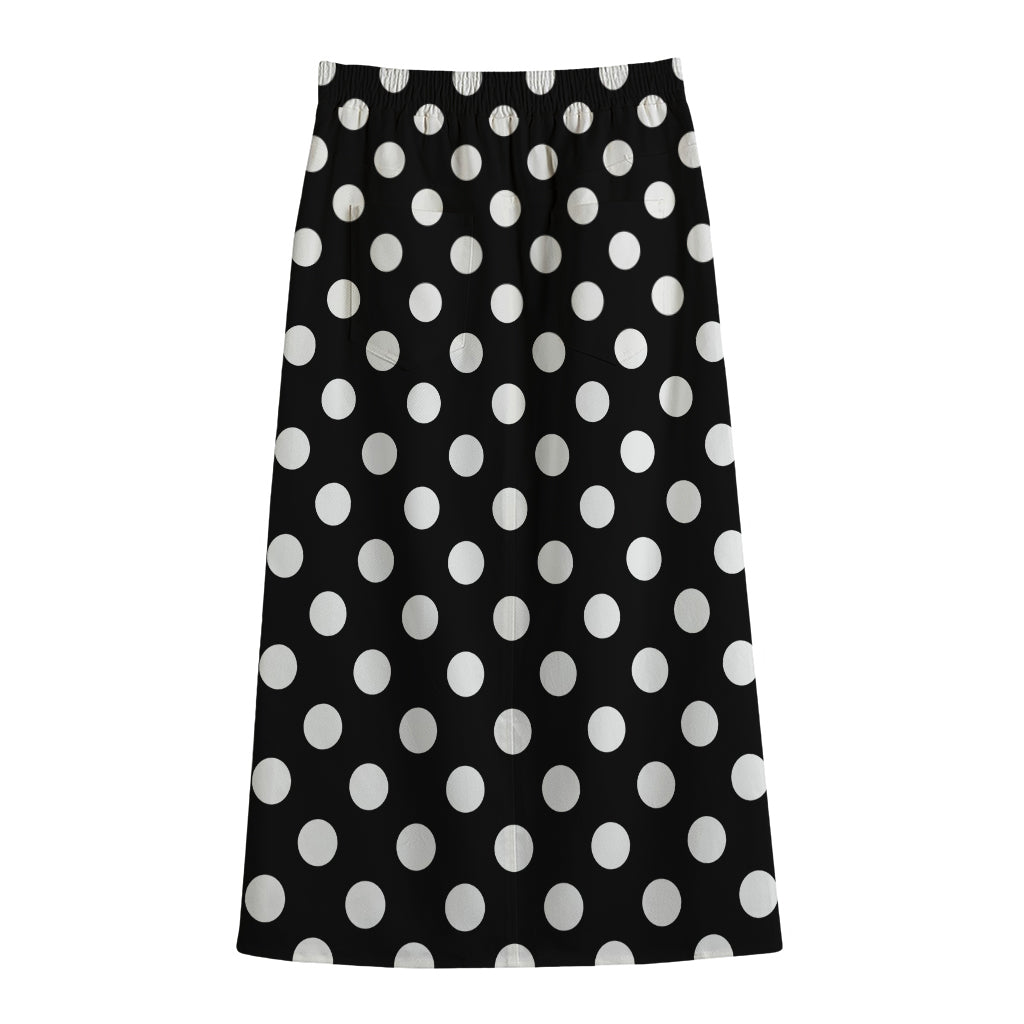 Black And White Polka Dot Pattern Print Cotton Front Slit Maxi Skirt