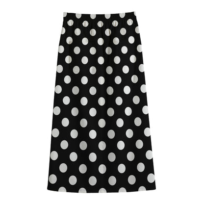 Black And White Polka Dot Pattern Print Cotton Front Slit Maxi Skirt