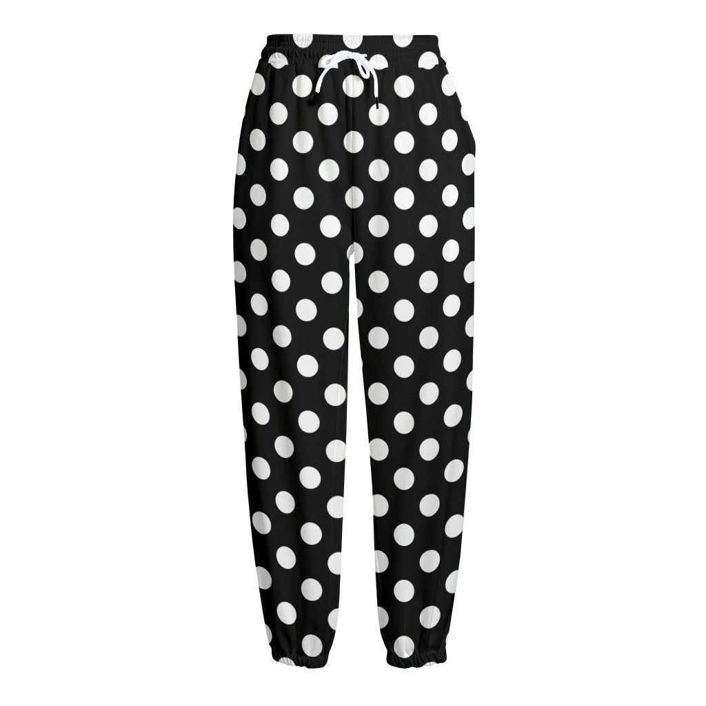 Black And White Polka Dot Pattern Print Fleece Lined Knit Pants