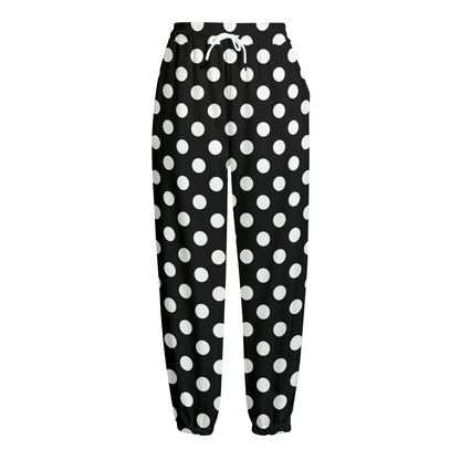 Black And White Polka Dot Pattern Print Fleece Lined Knit Pants