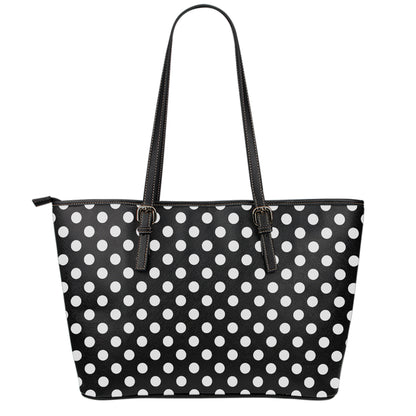 Black And White Polka Dot Pattern Print Leather Tote Bag