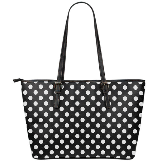 Black And White Polka Dot Pattern Print Leather Tote Bag