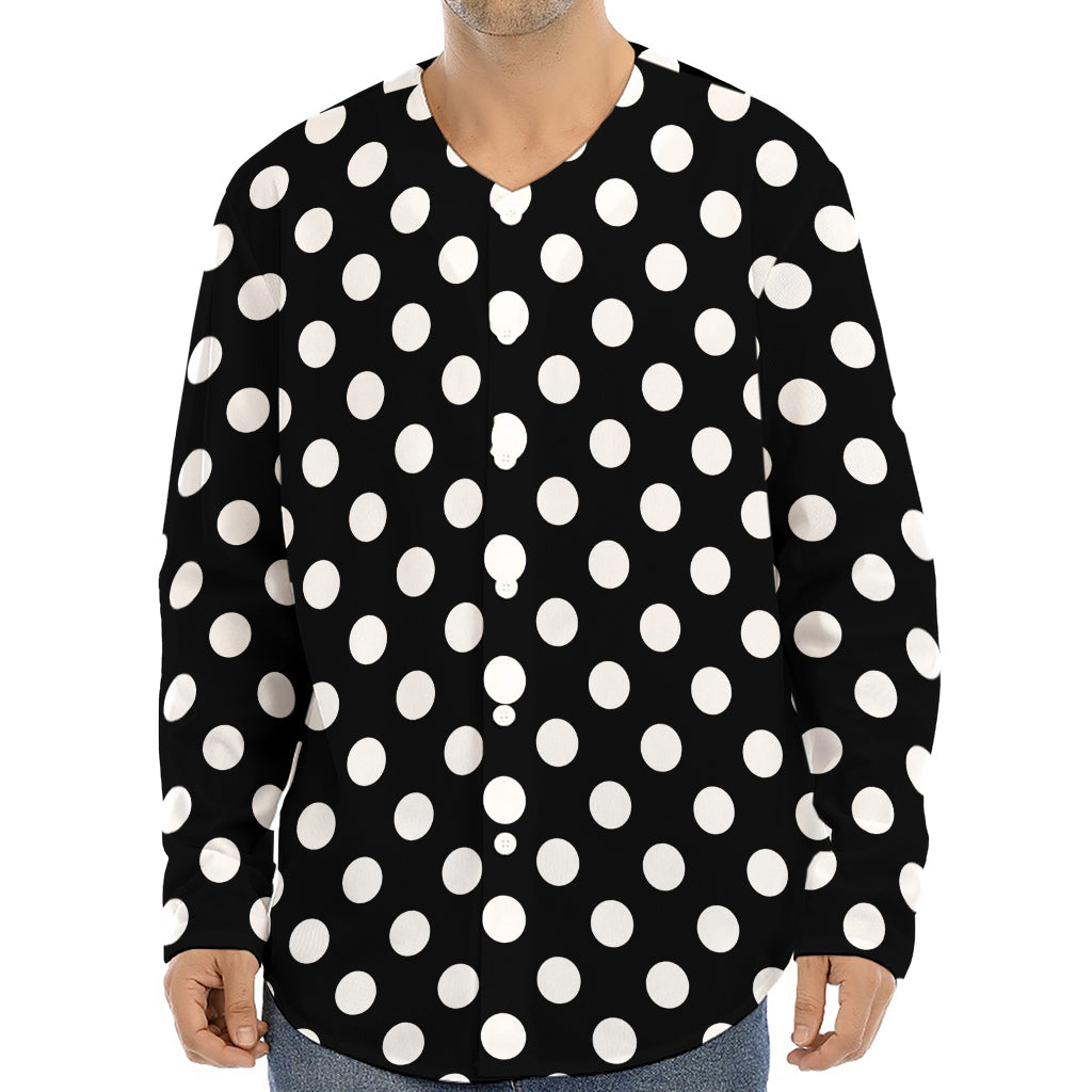 Black And White Polka Dot Pattern Print Long Sleeve Baseball Jersey