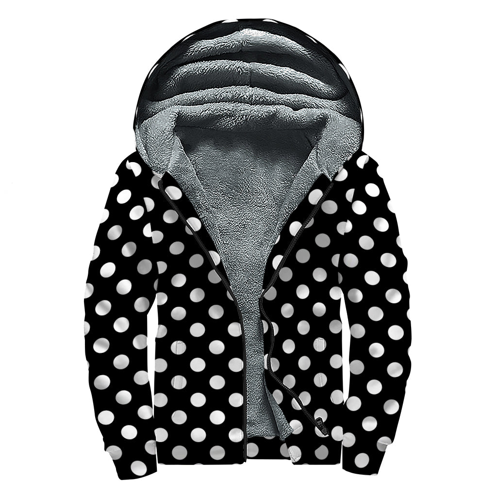 Black And White Polka Dot Pattern Print Sherpa Lined Zip Up Hoodie