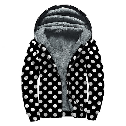 Black And White Polka Dot Pattern Print Sherpa Lined Zip Up Hoodie