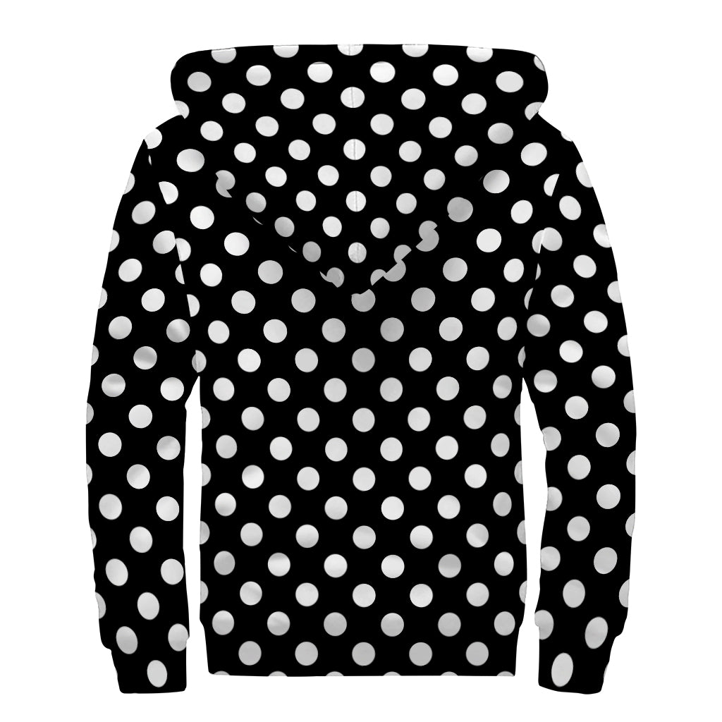 Black And White Polka Dot Pattern Print Sherpa Lined Zip Up Hoodie