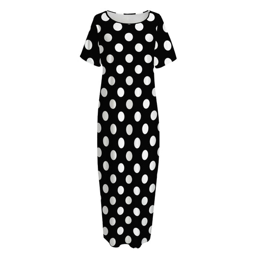 Black And White Polka Dot Pattern Print Short Sleeve Long Nightdress