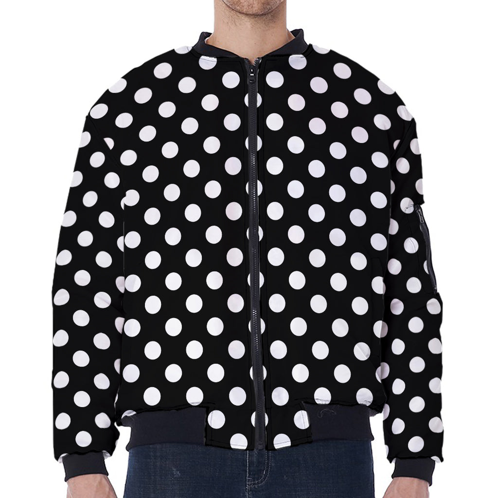 Black And White Polka Dot Pattern Print Zip Sleeve Bomber Jacket