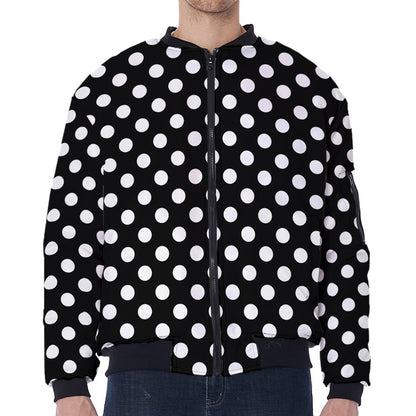Black And White Polka Dot Pattern Print Zip Sleeve Bomber Jacket