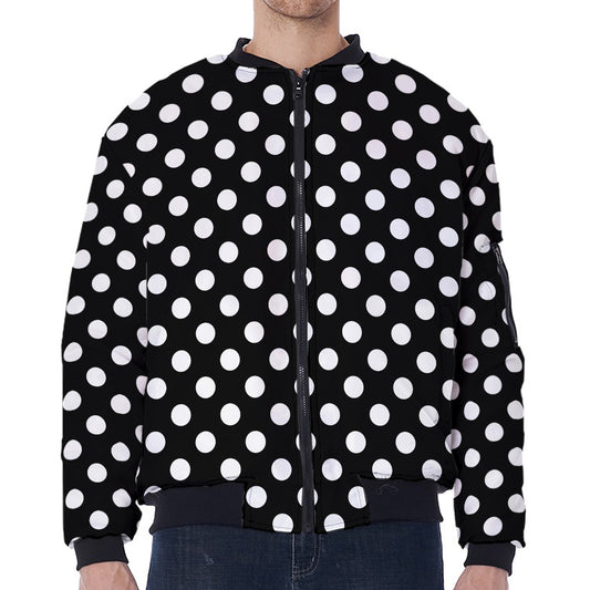 Black And White Polka Dot Pattern Print Zip Sleeve Bomber Jacket