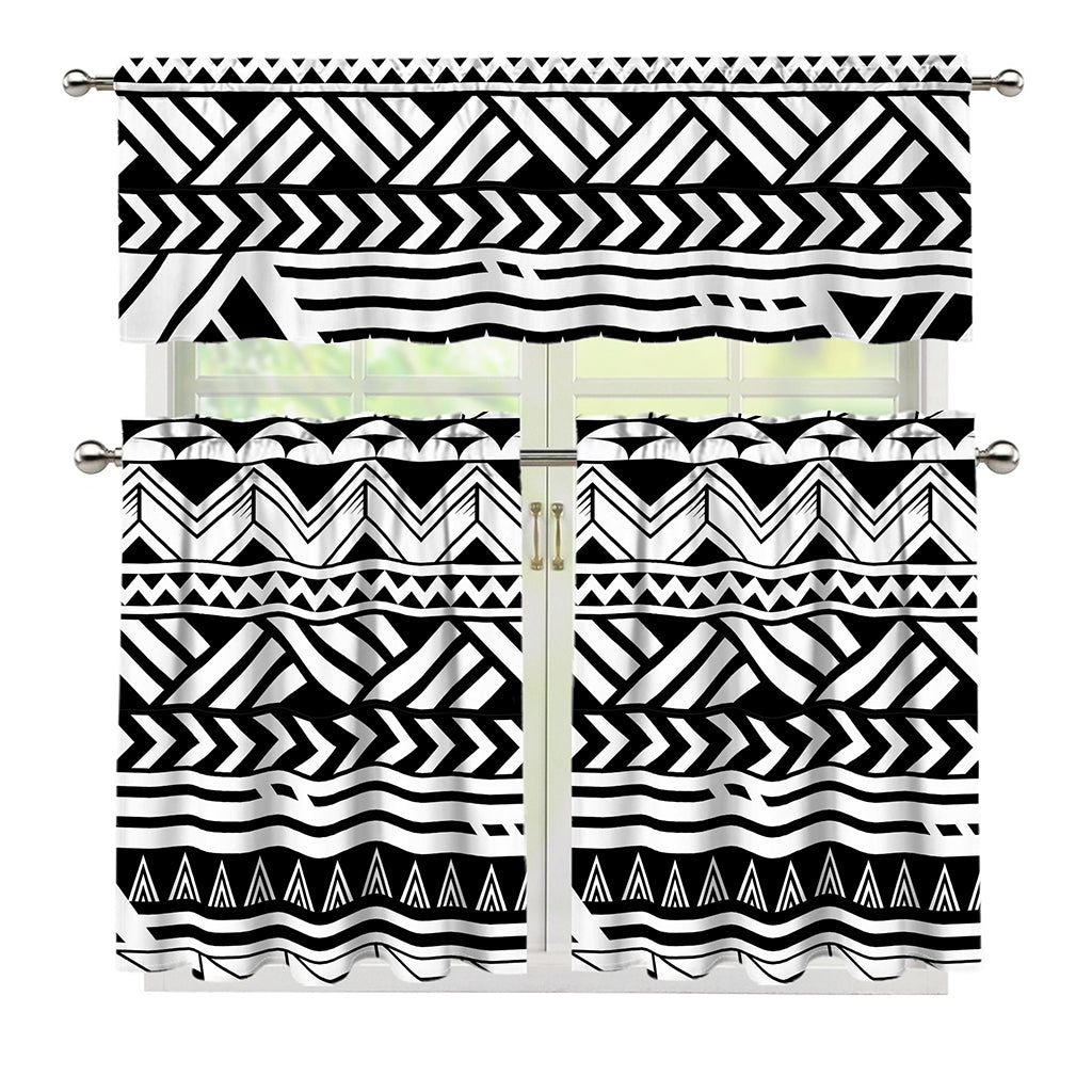 Black And White Polynesian Pattern Print 3 Piece Kitchen Curtains