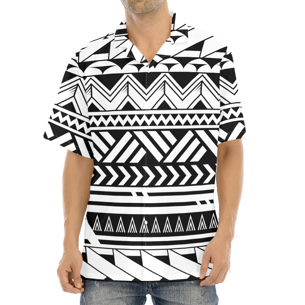 Black And White Polynesian Pattern Print Aloha Shirt