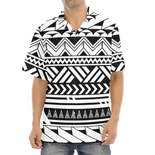 Black And White Polynesian Pattern Print Aloha Shirt
