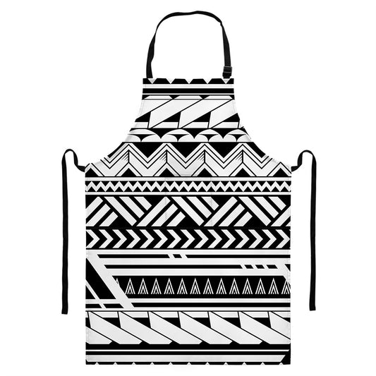 Black And White Polynesian Pattern Print Bib Apron With Pocket