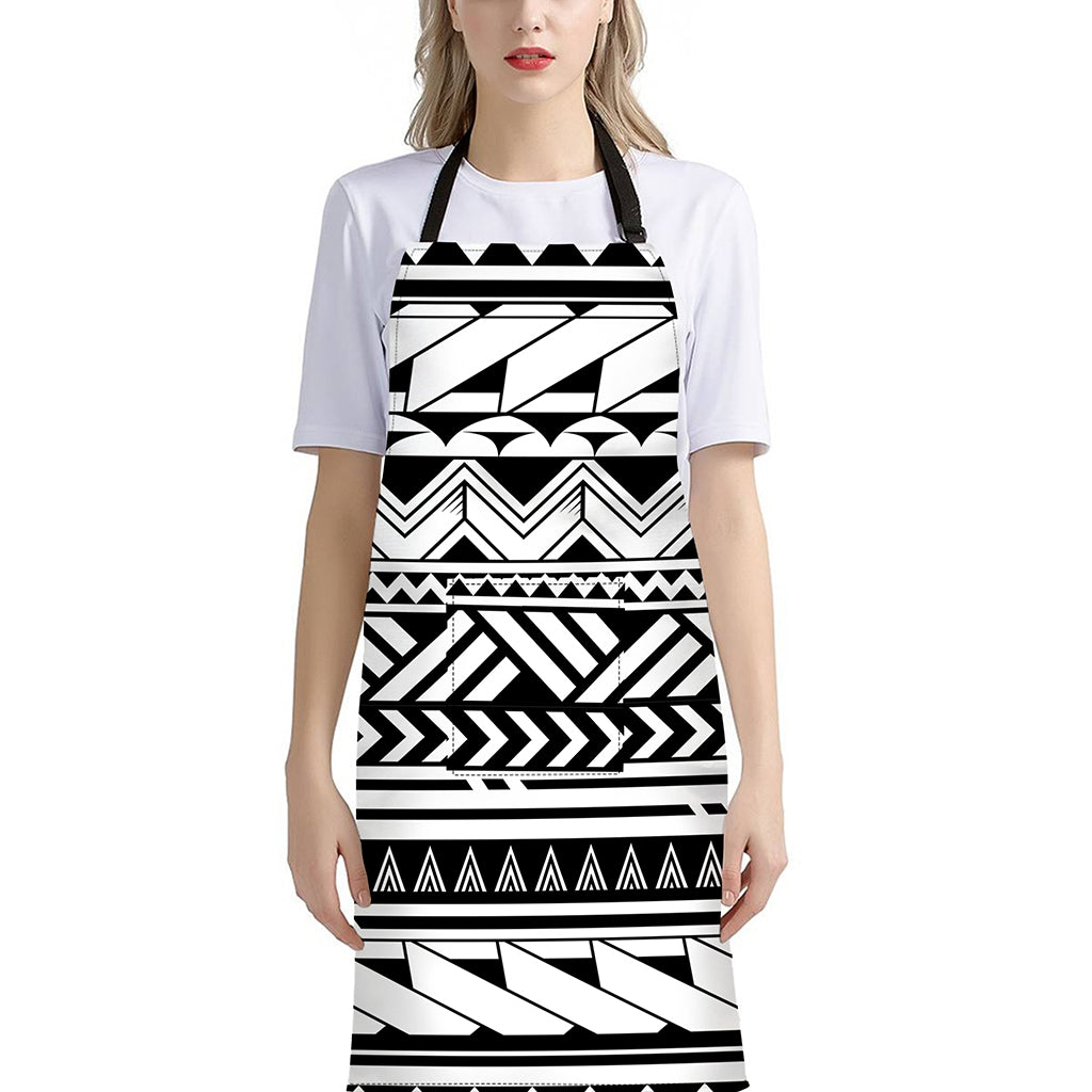 Black And White Polynesian Pattern Print Bib Apron With Pocket