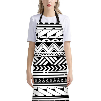 Black And White Polynesian Pattern Print Bib Apron With Pocket