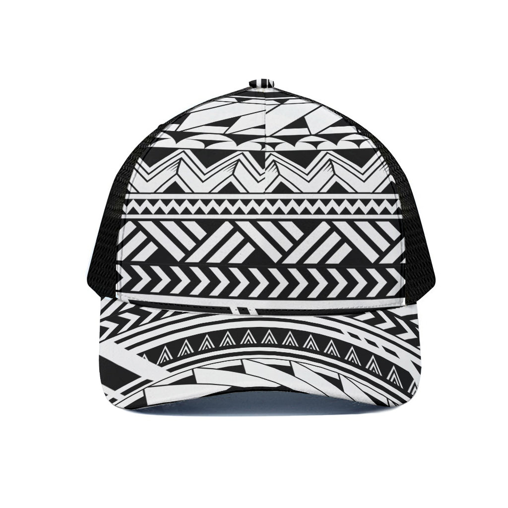 Black And White Polynesian Pattern Print Black Mesh Trucker Cap