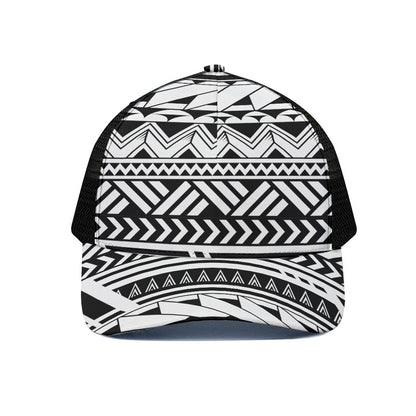 Black And White Polynesian Pattern Print Black Mesh Trucker Cap