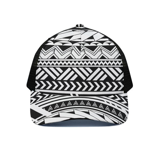 Black And White Polynesian Pattern Print Black Mesh Trucker Cap