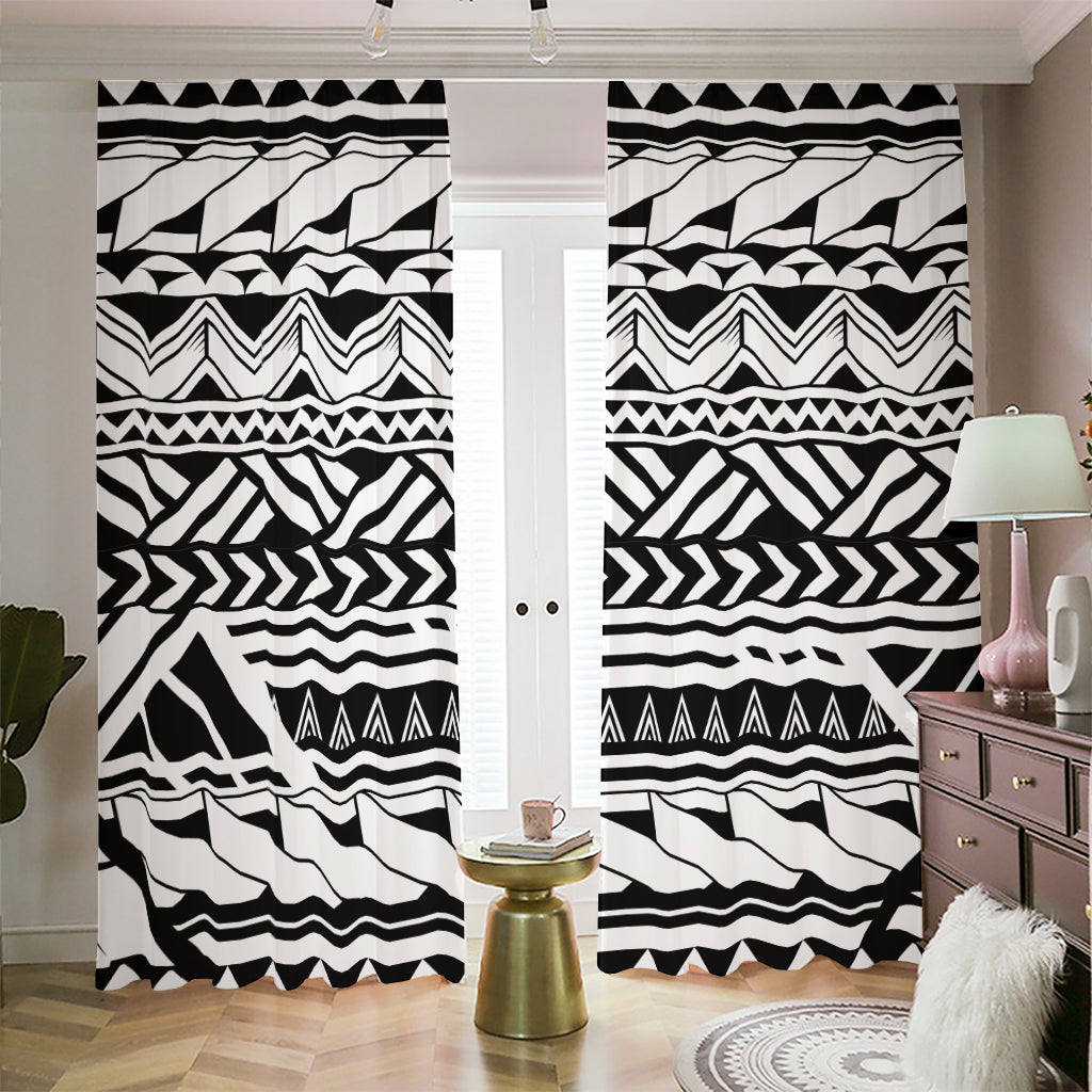 Black And White Polynesian Pattern Print Blackout Pencil Pleat Curtains