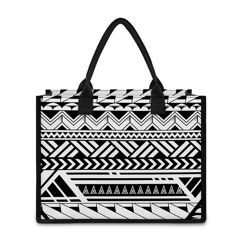 Black And White Polynesian Pattern Print Canvas Tote Bag