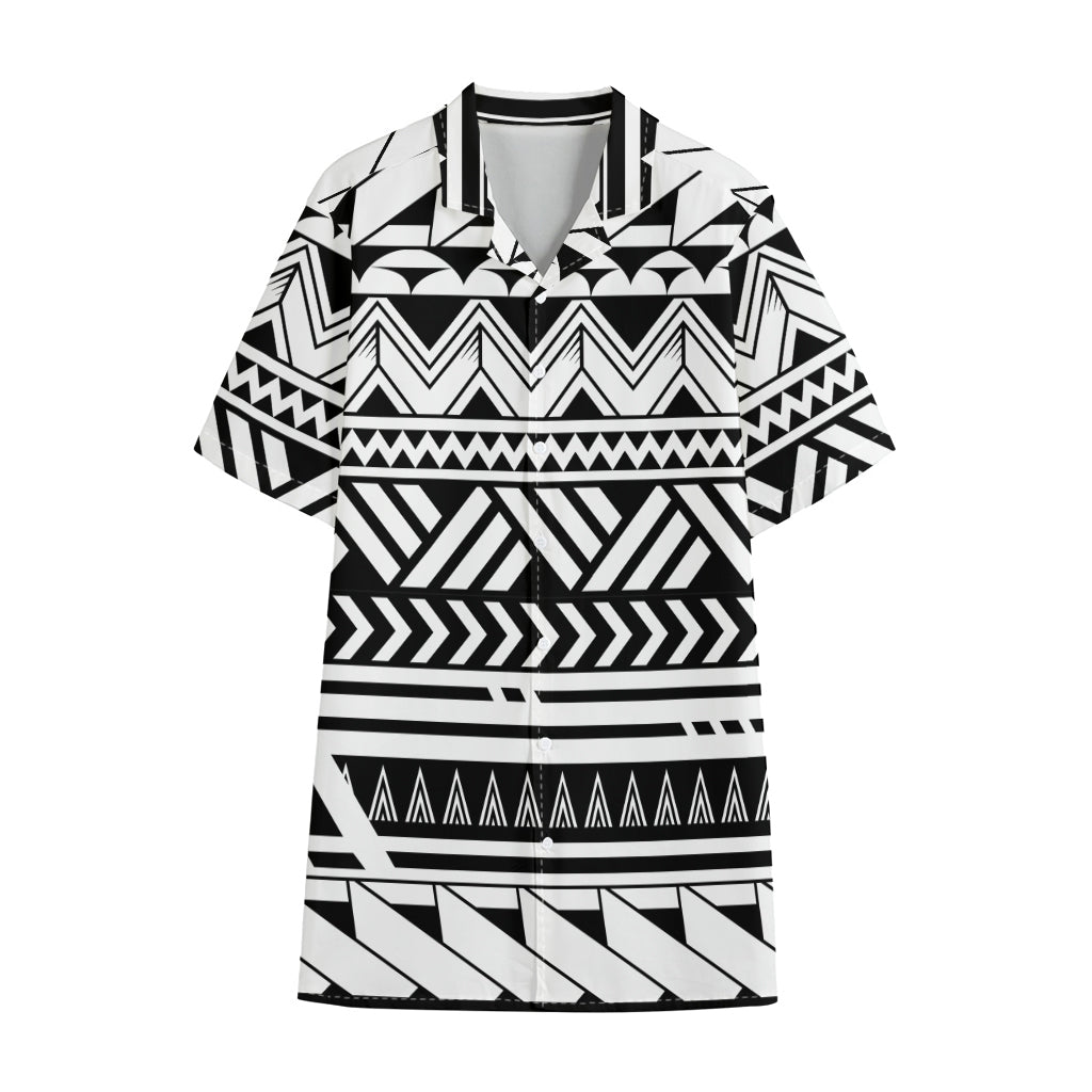 Black And White Polynesian Pattern Print Cotton Hawaiian Shirt