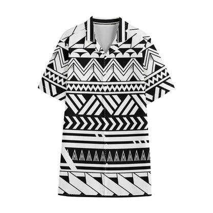 Black And White Polynesian Pattern Print Cotton Hawaiian Shirt