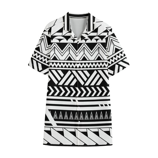 Black And White Polynesian Pattern Print Cotton Hawaiian Shirt