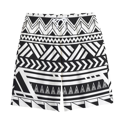 Black And White Polynesian Pattern Print Cotton Shorts