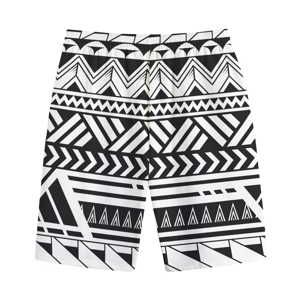 Black And White Polynesian Pattern Print Cotton Shorts