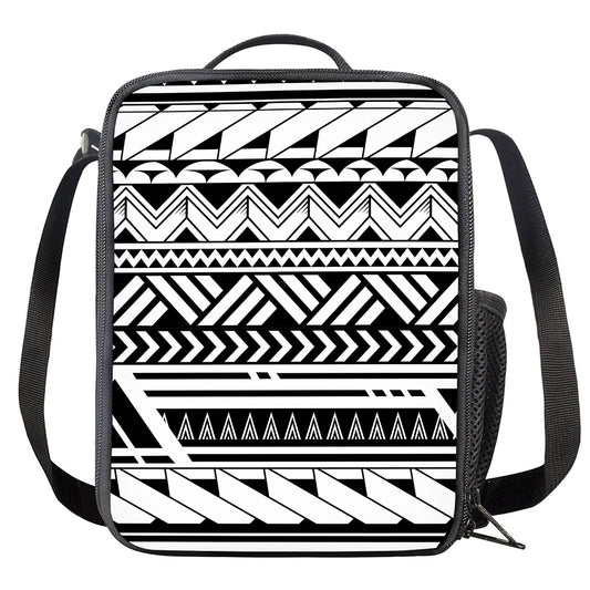 Black And White Polynesian Pattern Print Crossbody Lunch Bag