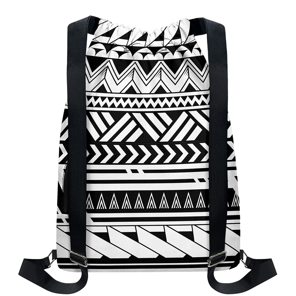 Black And White Polynesian Pattern Print Drawstring Backpack
