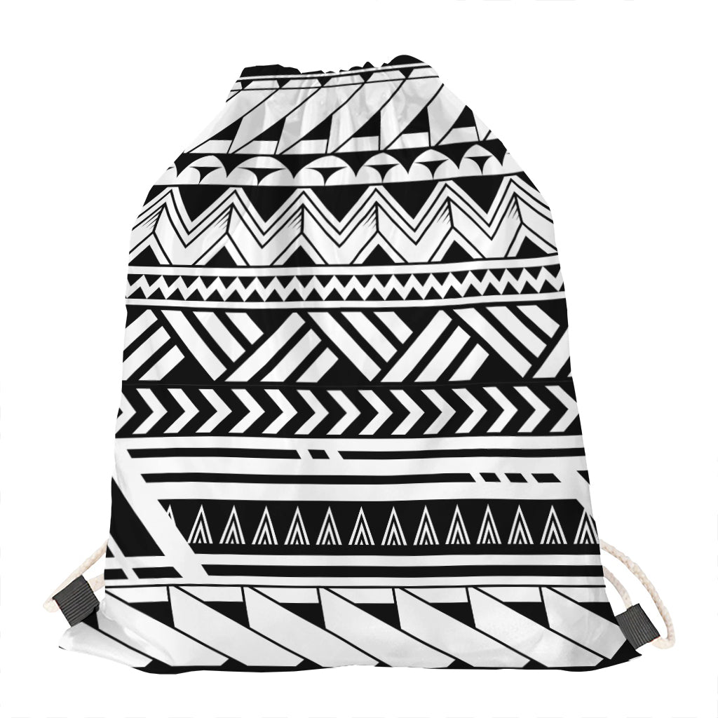 Black And White Polynesian Pattern Print Drawstring Bag